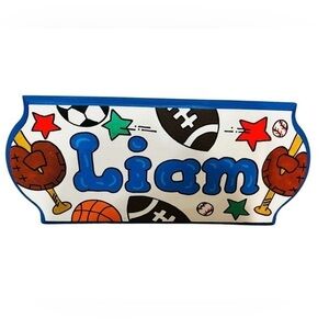 Kid’s Wooden Name Door Tag Sports Themed for Room or Nursery.   🏀🏈LIAM🎾⚽️